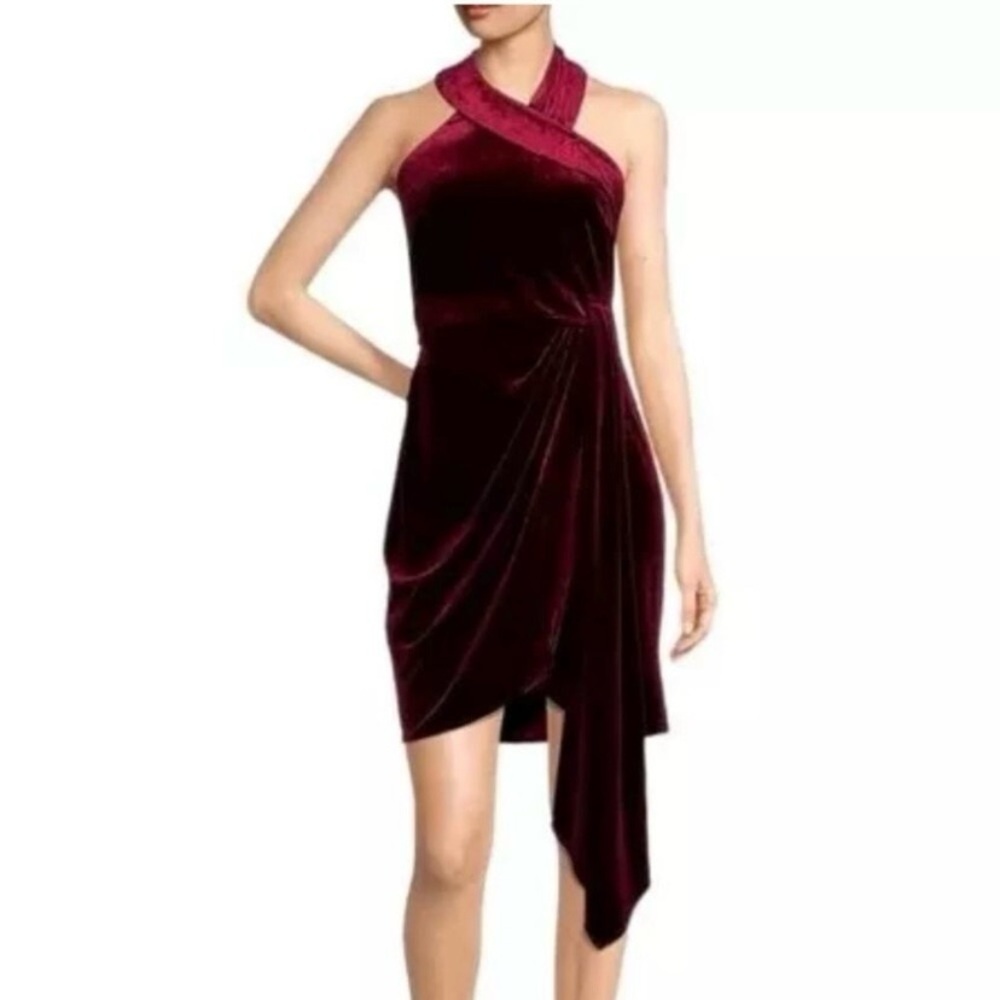 Belle Badgley Mischka Burgundy Halter Sheath asymmetrical Cocktail Dress. Size 6